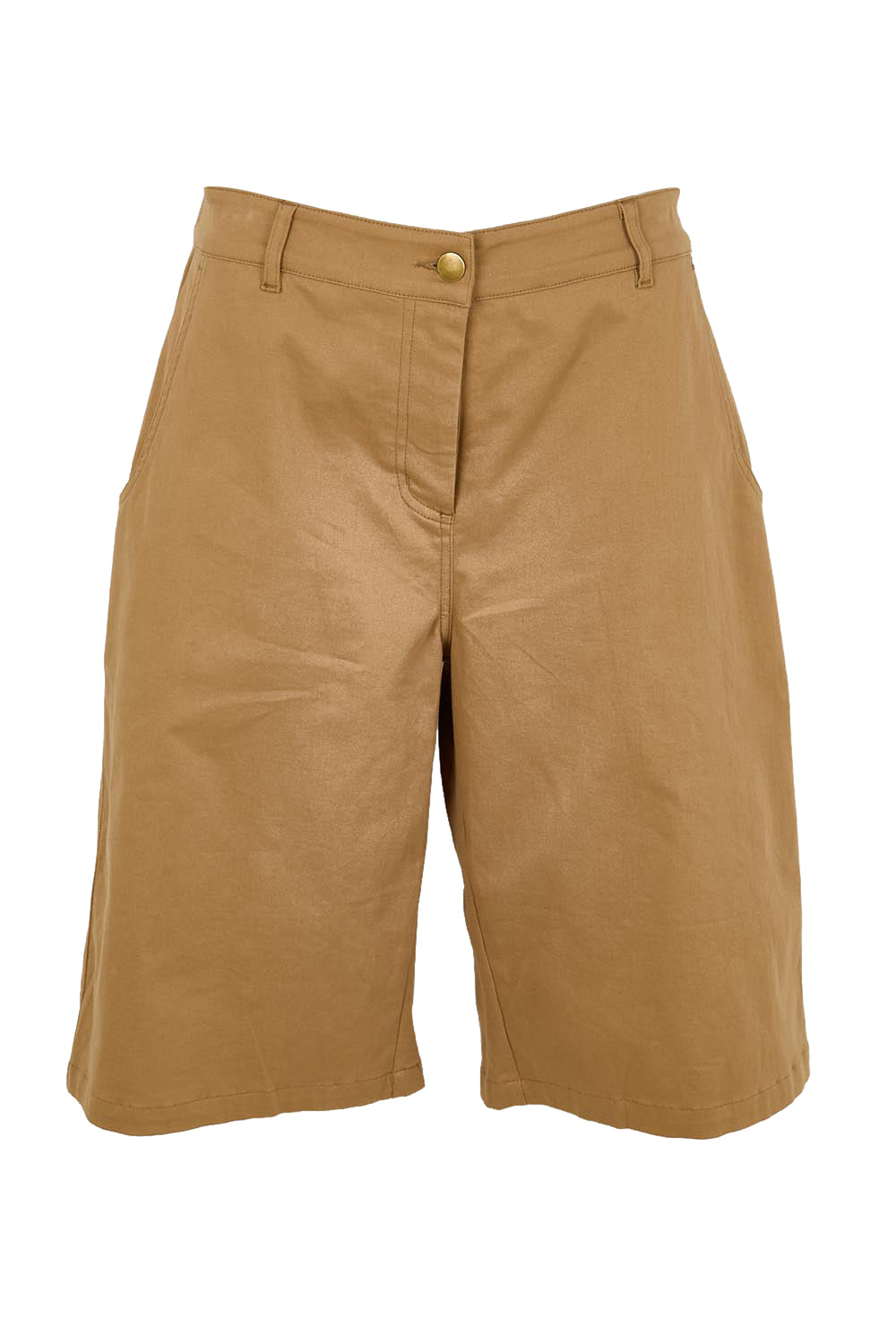 Product shot of the Want You In My Life Long Line Shorts – Camel in colour Camel, from the front