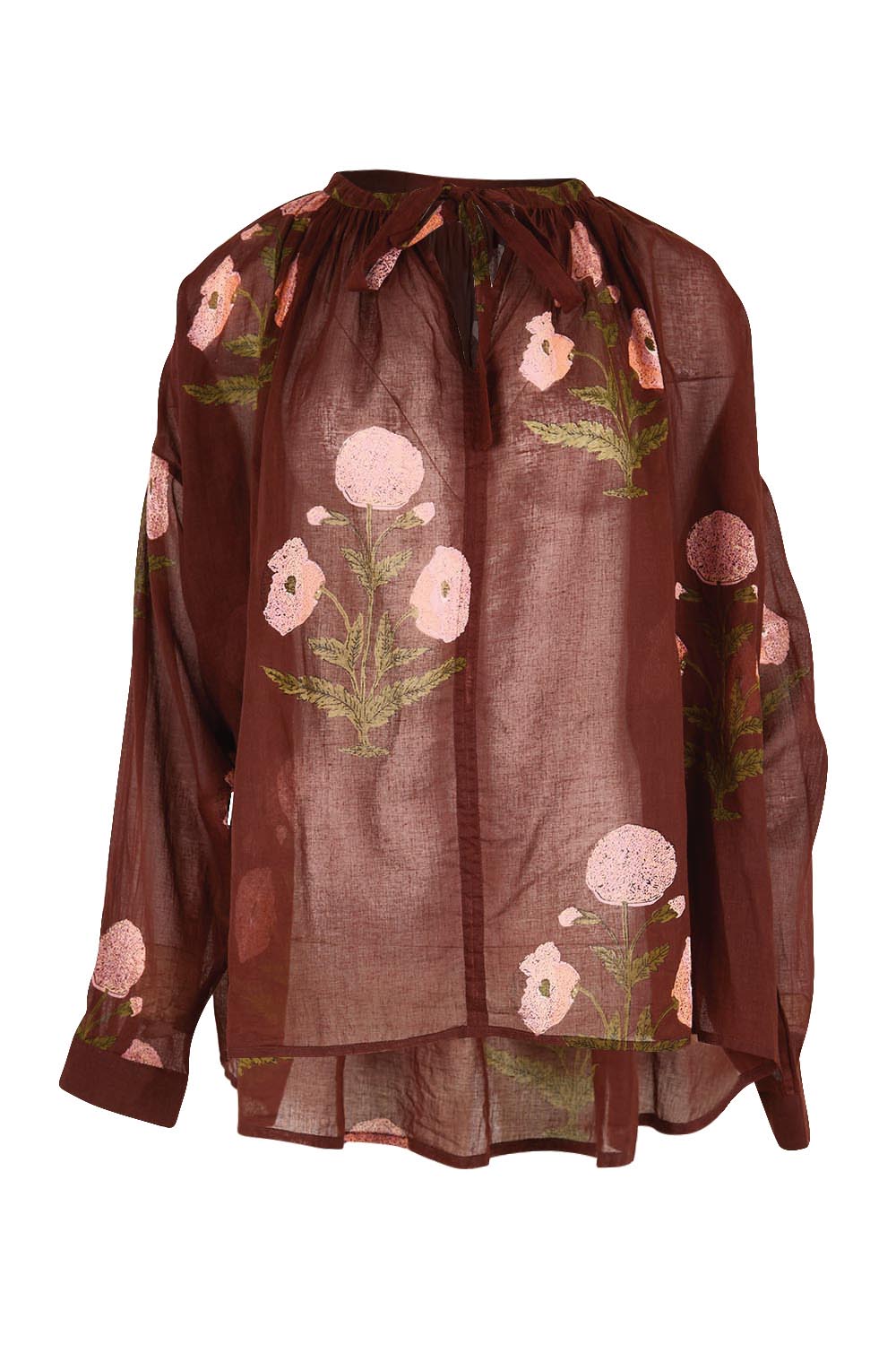 Product shot of the I Can Buy Myself Flowers Blouse – Wine in colour Wine, from the front