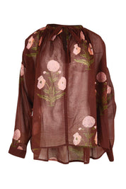 Product shot of the I Can Buy Myself Flowers Blouse – Wine in colour Wine, from the front