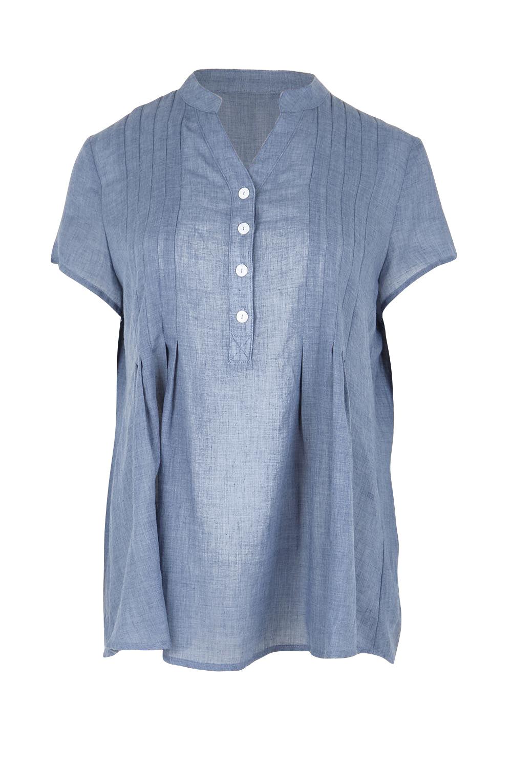 Product shot of the Pleated Delight Cotton Blouse – Denim in colour Denim, from the front