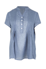 Product shot of the Pleated Delight Cotton Blouse – Denim in colour Denim, from the front