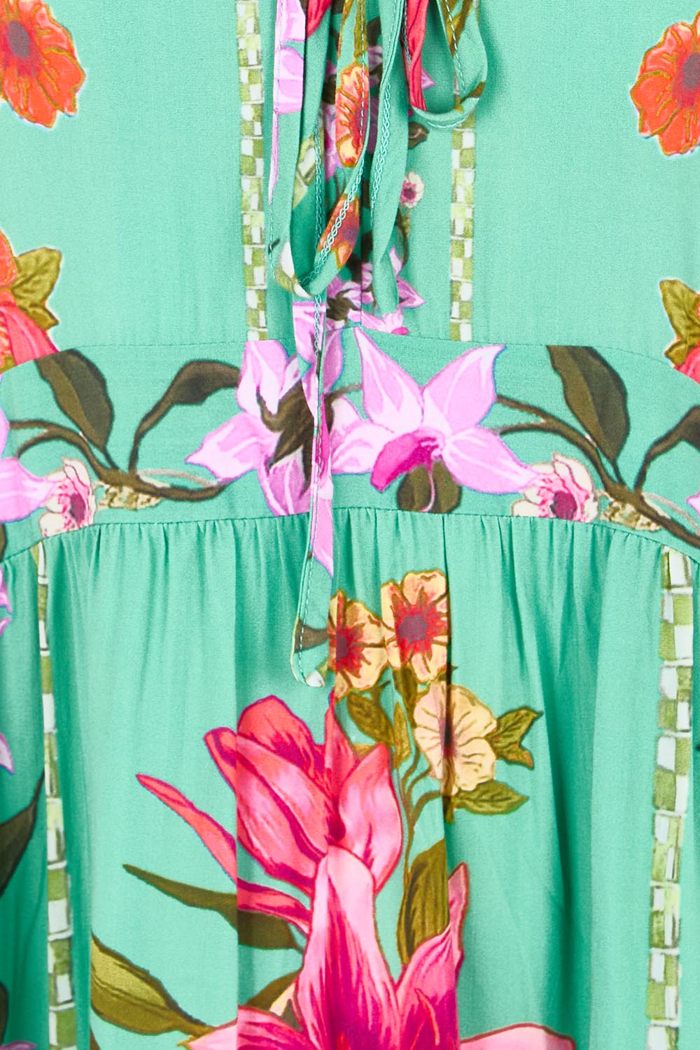 Product shot of the Wild Meadow Maxi Dress - Greenfleur in colour Greenfleur, showing detail