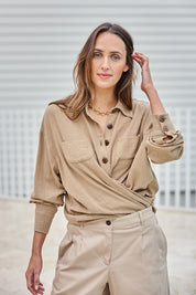 Model Tegand wearing size 10 of the Cute As A Button Cotton Shirt - Rock in colour Rock, from an angle