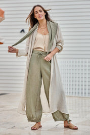 Model Tegand wearing size 10 of the Floating Through The Day Pants  - Olive in colour Olive, from the front