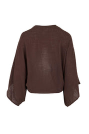 Product shot of the Out Of Office Woven Cotton Shrug  - Chocolate in colour Chocolate, from the back