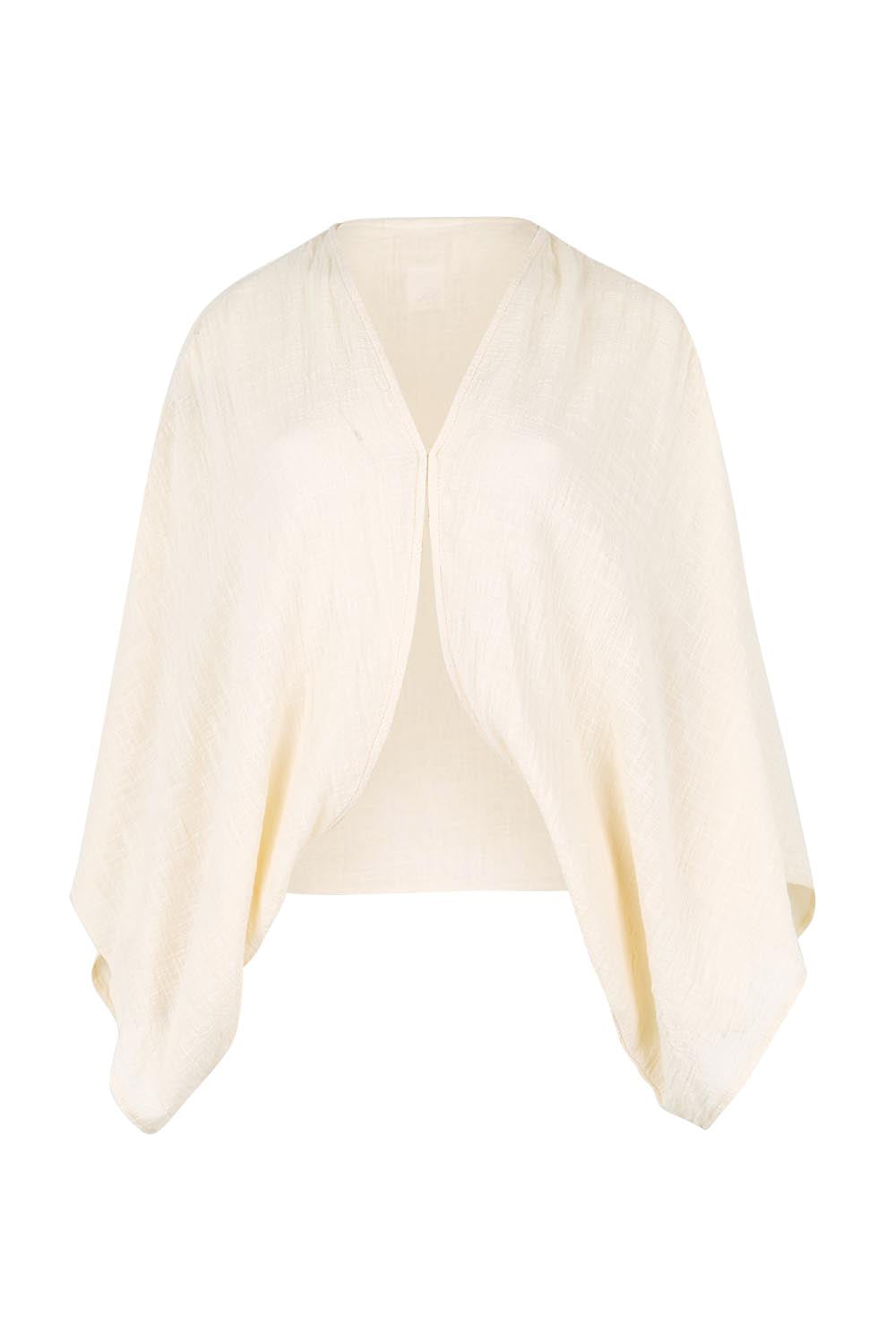 Product shot of the Out Of Office Woven Cotton Shrug  - Sand in colour Sand, from the front