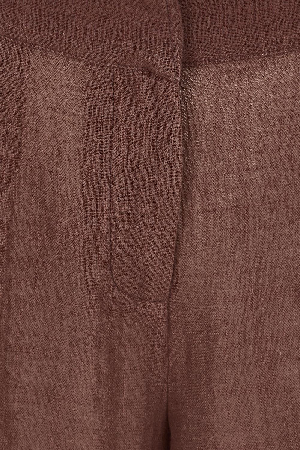 Product shot of the Out Of Office Woven Cotton Longline Shorts - Chocolate in colour Chocolate, showing detail