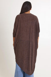Model Ashleigh wearing size 16 of the Falling For You Cardi in colour Chocolate, from the back