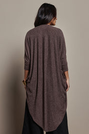 Model Tahnee wearing size 10 of the Falling For You Cardi in colour Chocolate, from the back