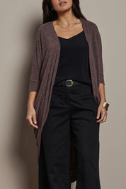Model Tahnee wearing size 10 of the Falling For You Cardi in colour Chocolate, from the front, cropped image