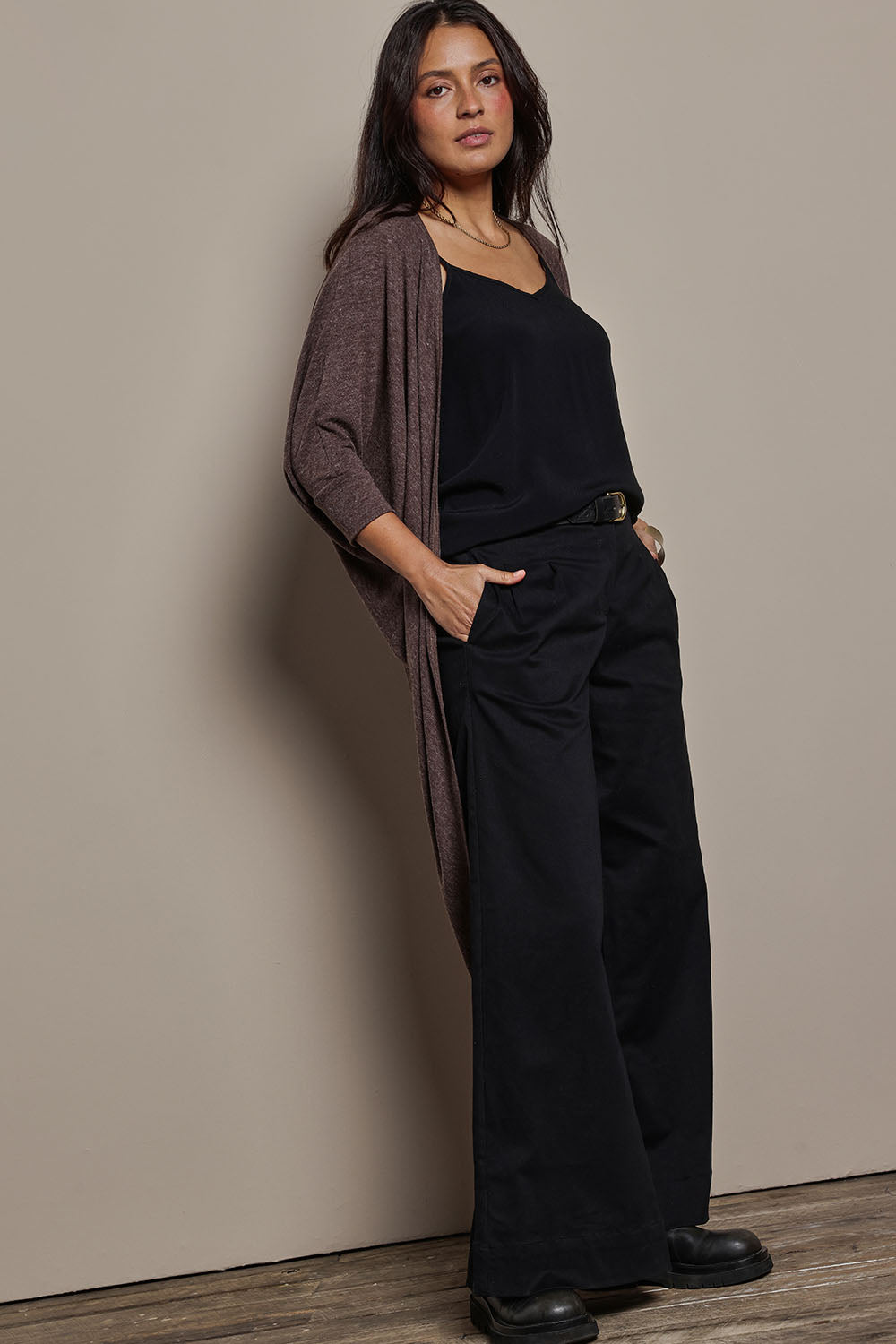 Model Tahnee wearing size 10 of the Falling For You Cardi in colour Chocolate, from the front, showing the whole outfit