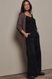 Model Tahnee wearing size 10 of the Falling For You Cardi in colour Chocolate, from the front, showing the whole outfit