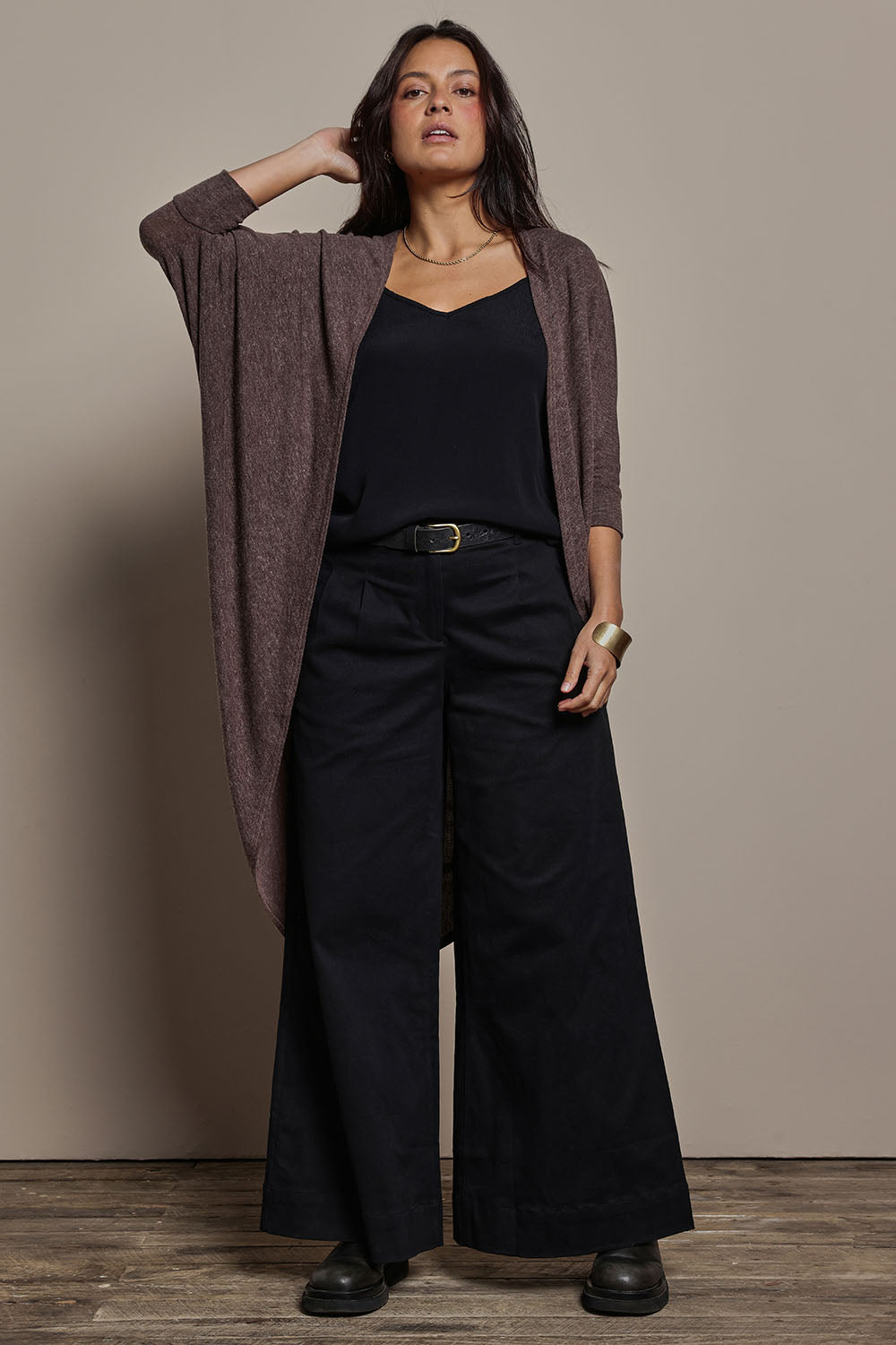 Model Tahnee wearing size 10 of the Falling For You Cardi in colour Chocolate, from the front, showing the whole outfit