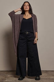 Model Tahnee wearing size 10 of the Falling For You Cardi in colour Chocolate, from the front, showing the whole outfit