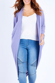 Model Laura wearing size 14 of the Falling For You Cardi in colour Dusk (Blue), from the front, cropped image