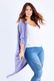 Model Laura wearing size 14 of the Falling For You Cardi in colour Dusk (Blue), from the front, cropped image