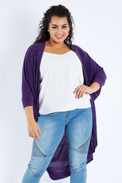 Model Sasha-Lee wearing size 16 of the Falling For You Cardi in colour Grape (Purple), from the front, cropped image