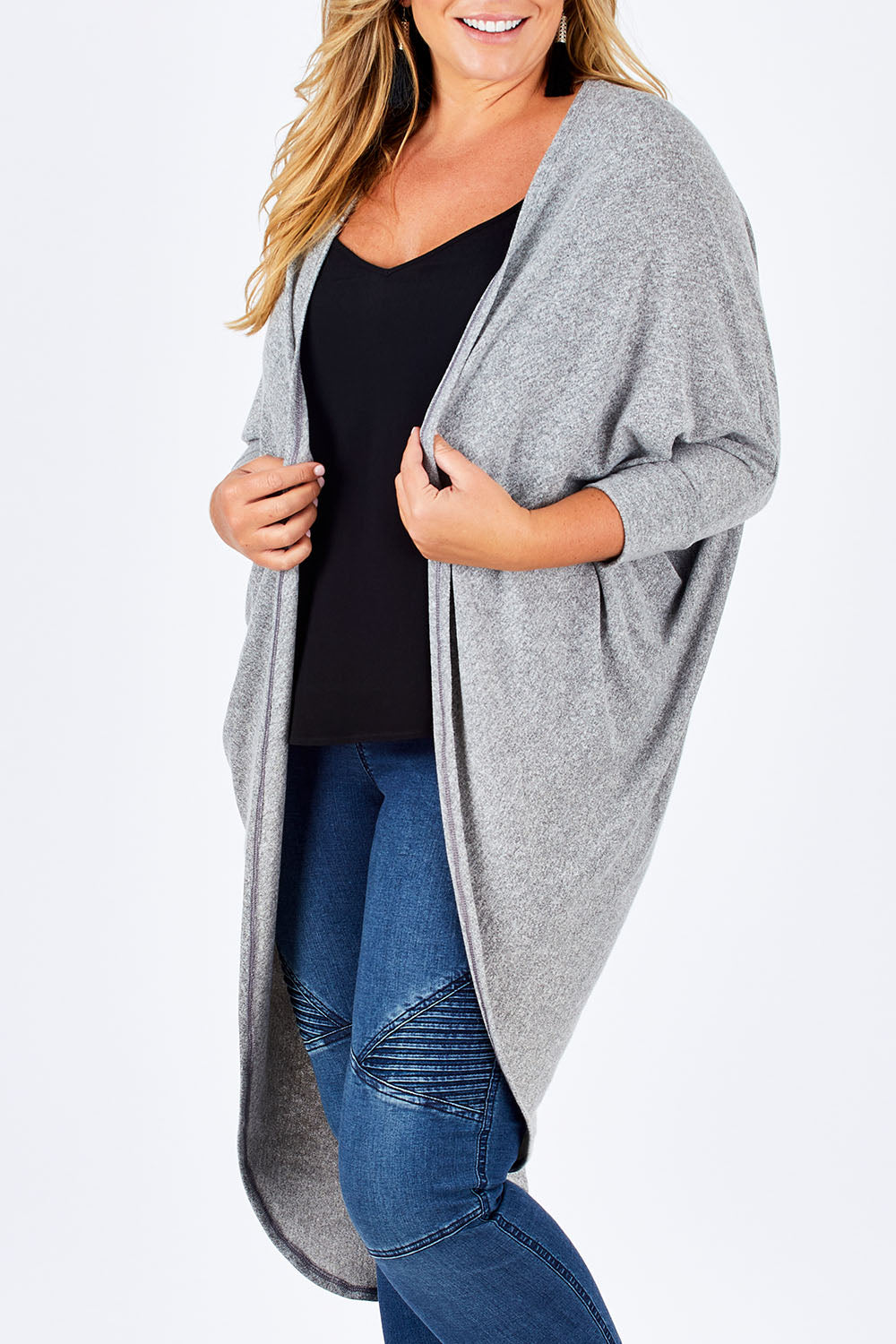 Model Fiona wearing size 16 of the Falling For You Cardi in colour GreyMarle (Grey), from the front, cropped image