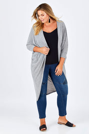 Model Fiona wearing size 16 of the Falling For You Cardi in colour GreyMarle (Grey), from the front, showing the whole outfit
