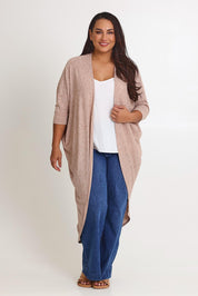 Model Ashleigh wearing size 16 of the Falling For You Cardi in colour Natural, from the front, showing the whole outfit
