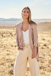 Model Larissa wearing size 10 of the Falling For You Cardi in colour Natural, from the front, showing the whole outfit