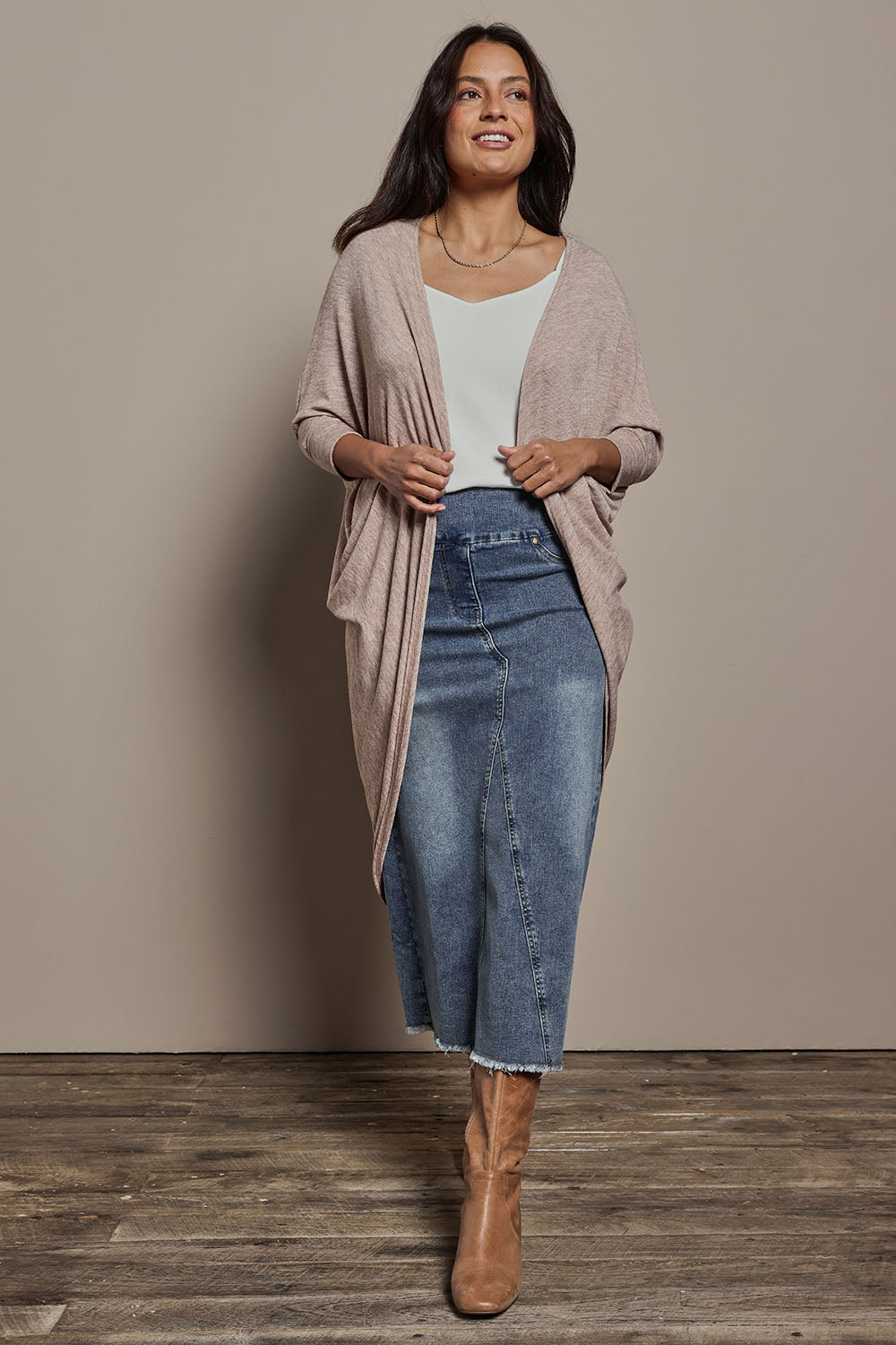 Model Tahnee wearing size 10 of the Falling For You Cardi in colour Natural, from the front, showing the whole outfit