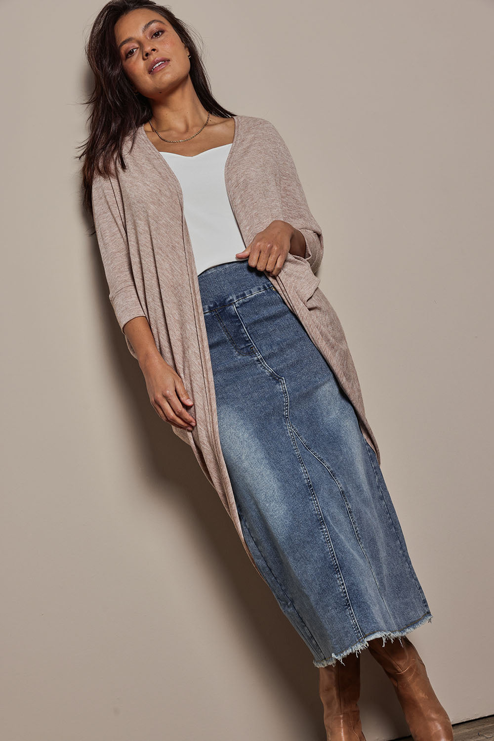 Model Tahnee wearing size 10 of the Falling For You Cardi in colour Natural, from the front, showing the whole outfit