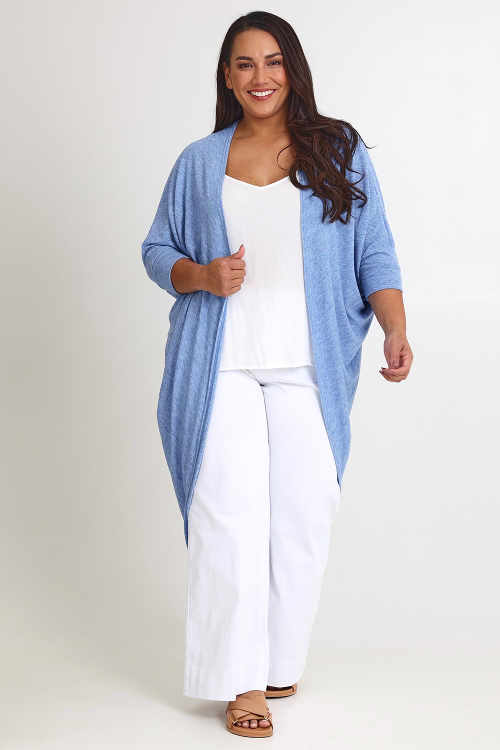 Model Ashleigh wearing size 16 of the Falling For You Cardi in colour Sky (Blue), from the front, showing the whole outfit