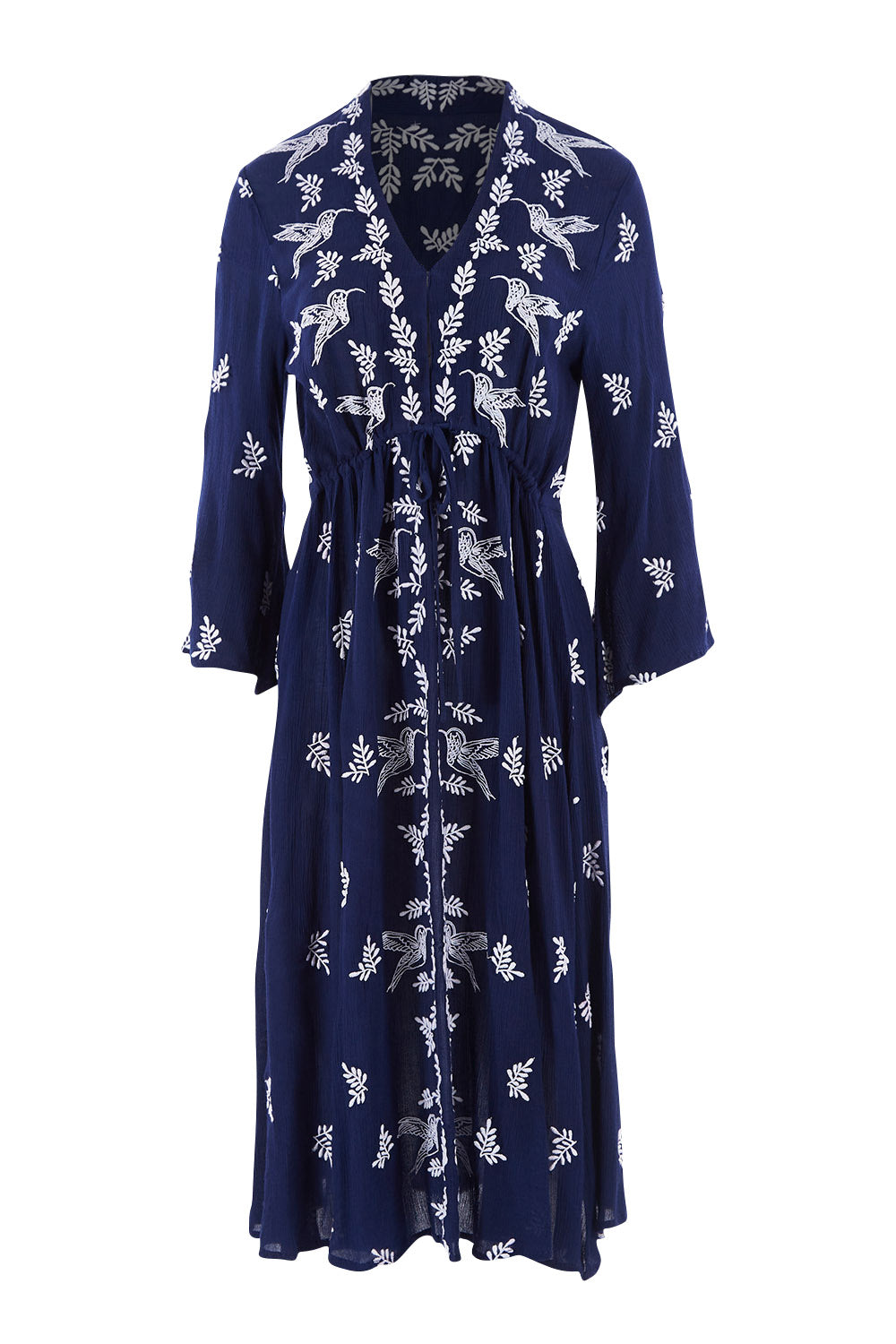 Product shot of the Dancing With Birds Midi Dress in colour Deepblue (Blue), from the front