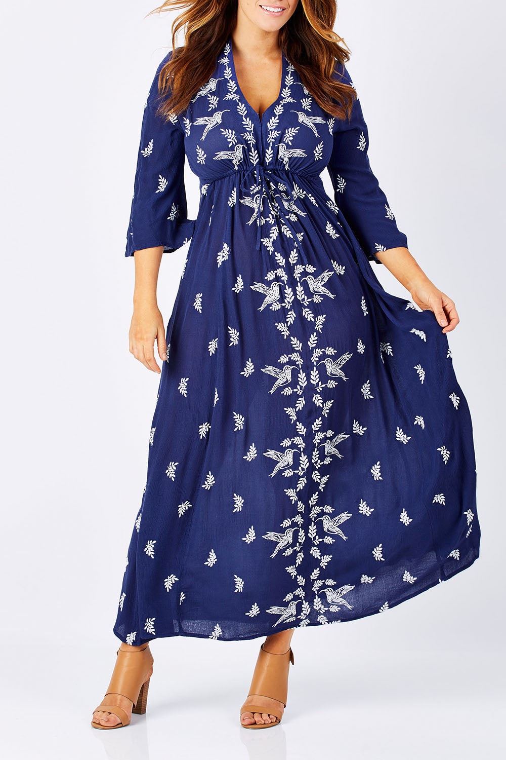 Model Laura wearing size 12 of the Dancing With Birds Dress in colour DeepBlue (Blue), from the front, cropped image