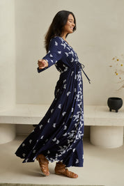Model Tahnee wearing size 10 of the Dancing With Birds Dress in colour DeepBlue (Blue), from the front, showing the whole outfit