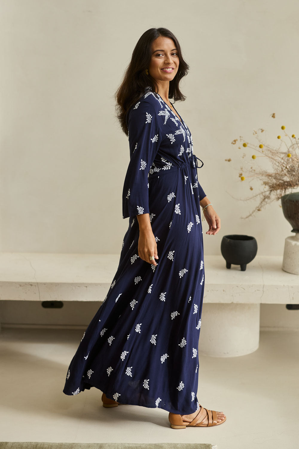Model Tahnee wearing size 10 of the Dancing With Birds Dress in colour DeepBlue (Blue), from the front, showing the whole outfit