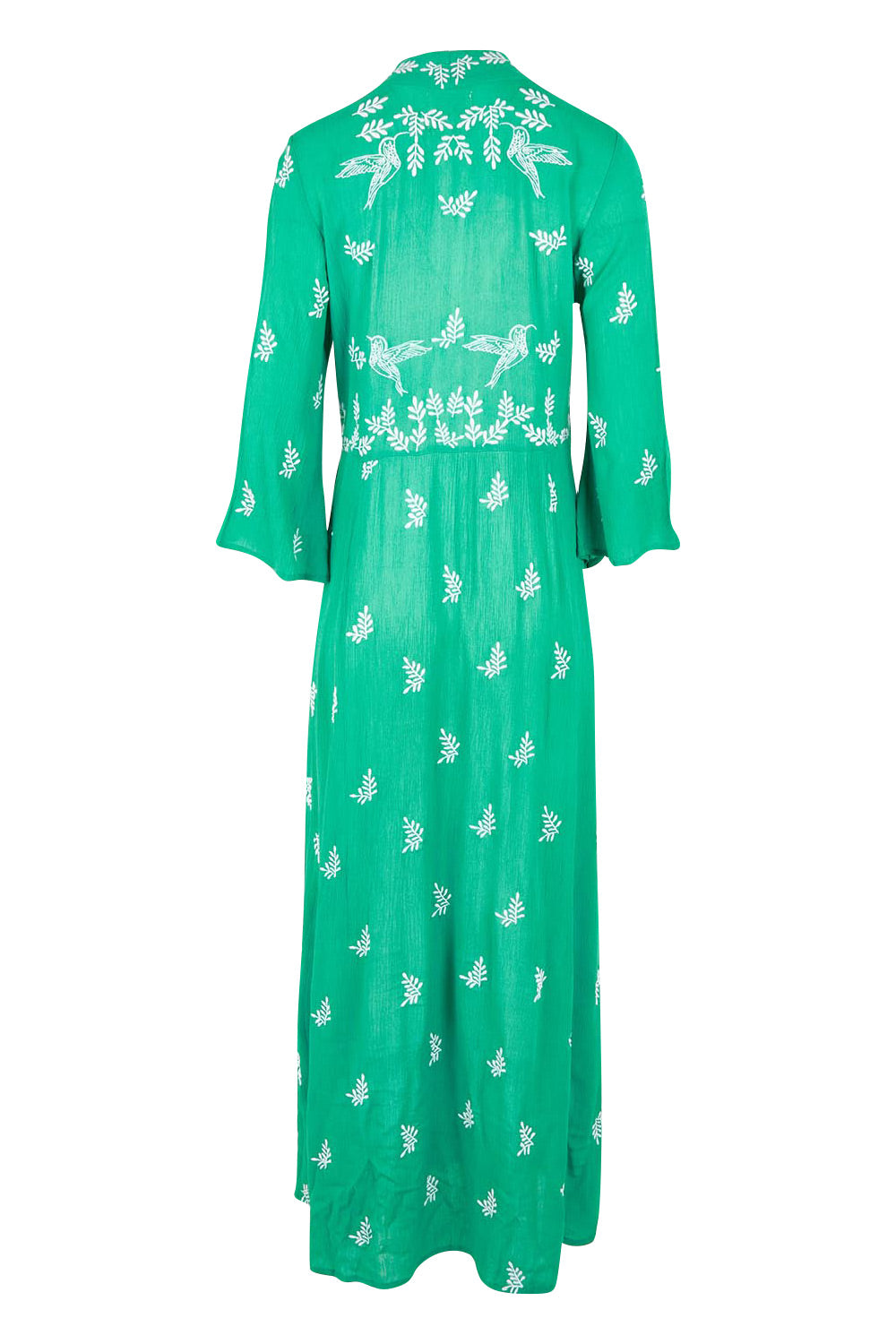 Product shot of the Dancing With Birds Dress in colour Emerald (Green), from the back