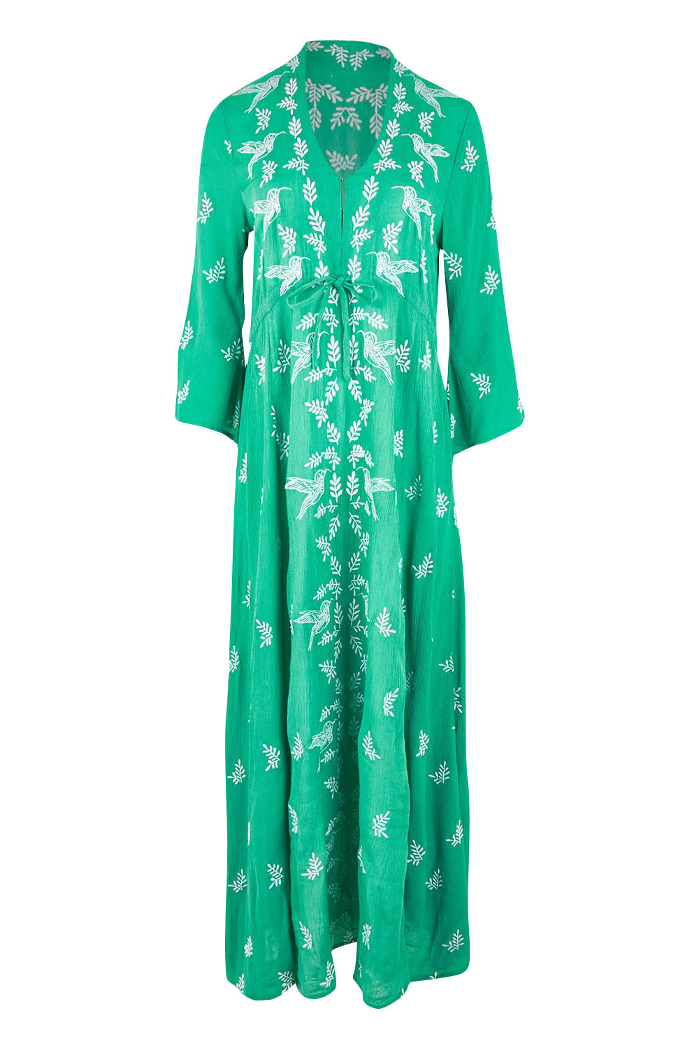Product shot of the Dancing With Birds Dress in colour Emerald (Green), from the front