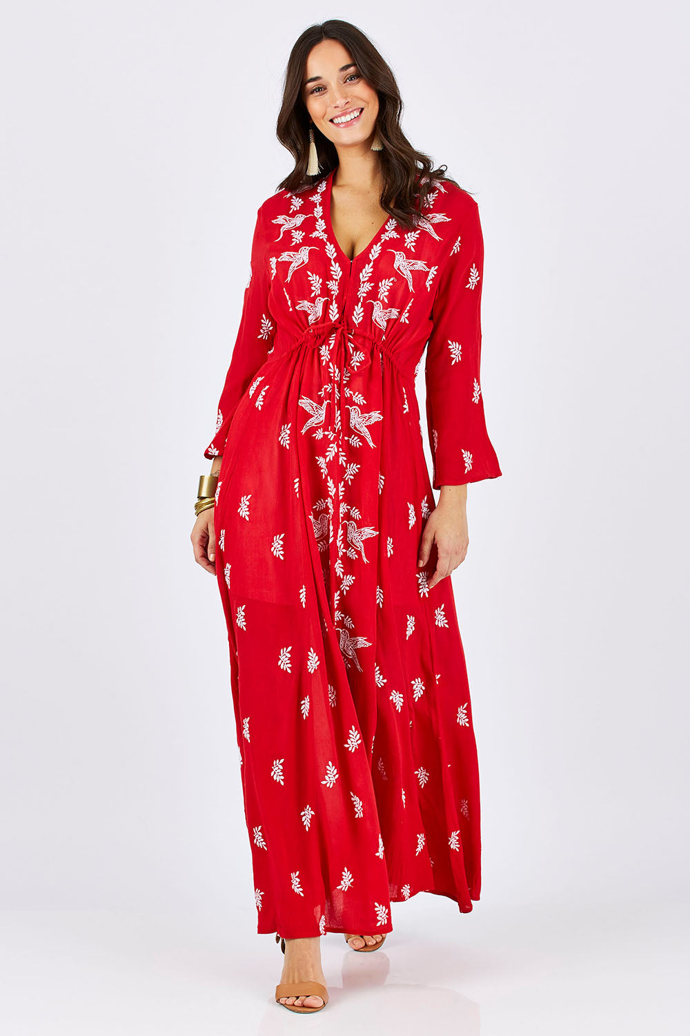 Model Georgia wearing size 10 of the Dancing With Birds Dress in colour Scarlet (Red), from the front, showing the whole outfit