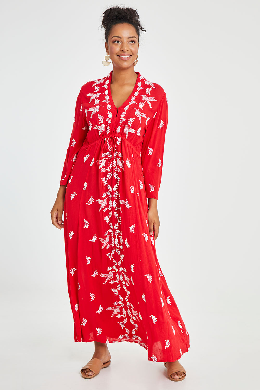 Model Noli wearing size 14 of the Dancing With Birds Dress in colour Scarlet (Red), from the front, showing the whole outfit
