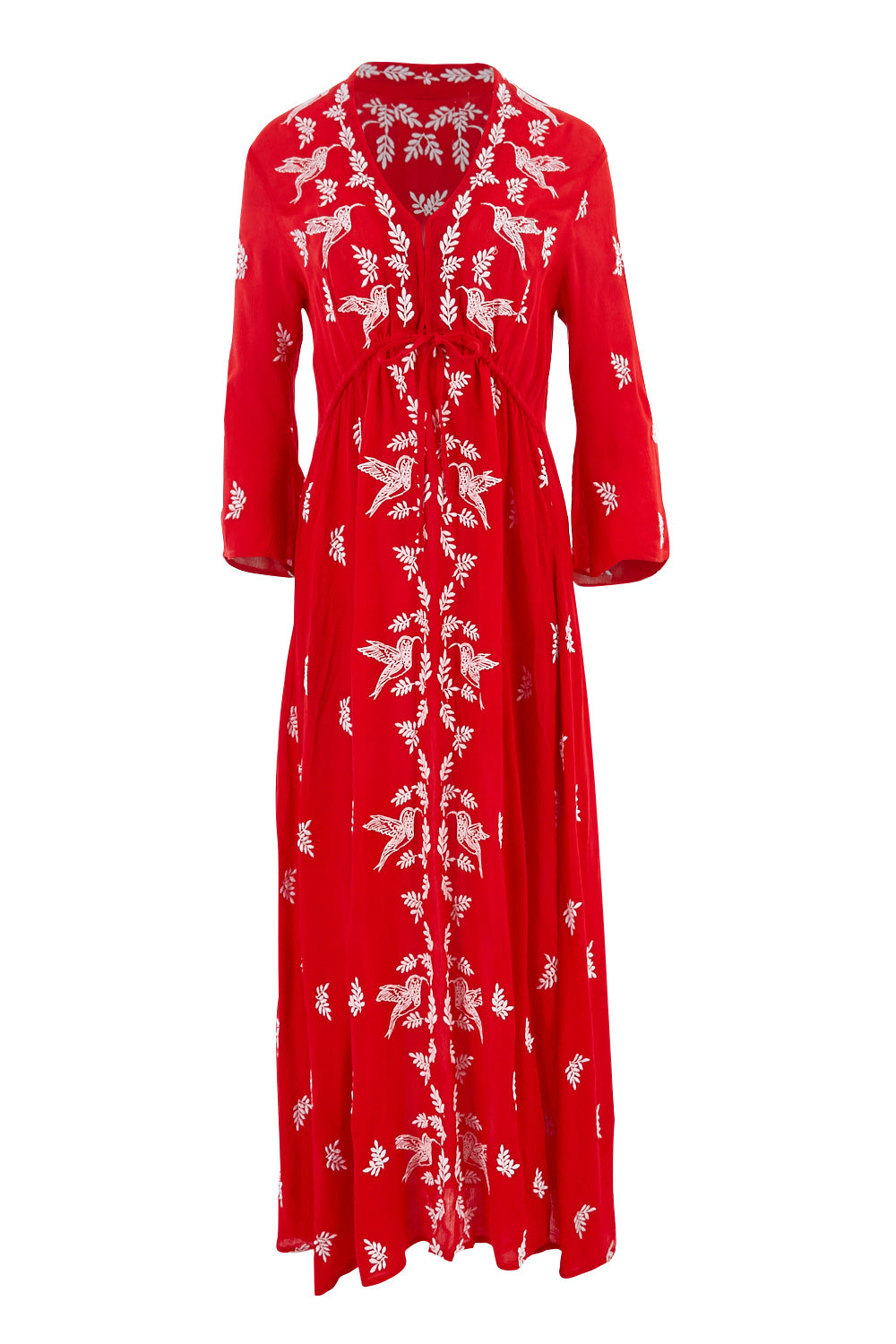 Product shot of the Dancing With Birds Dress in colour Scarlet (Red), from the front
