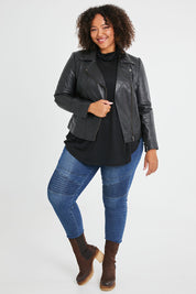Model Alexis wearing size 16 of the Urban Nomad Leather Jacket in colour Black (Black), from the front, showing the whole outfit