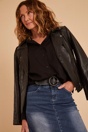 Model Emma wearing size 10 of the Urban Nomad Leather Jacket in colour Black (Black), from the front, cropped image