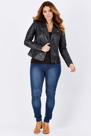 Model Laura wearing size 12 of the Urban Nomad Leather Jacket in colour Black (Black), from the front, showing the whole outfit
