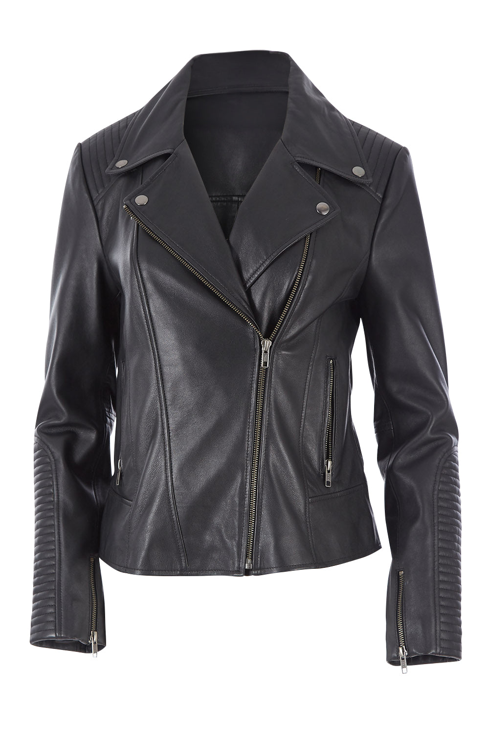 Product shot of the Urban Nomad Leather Jacket in colour Black (Black), from the front