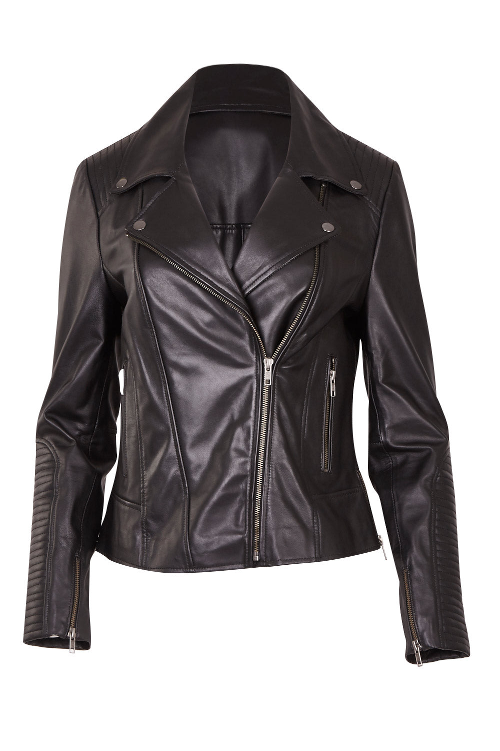 Product shot of the Urban Nomad Leather Jacket in colour Black (Black), from the front