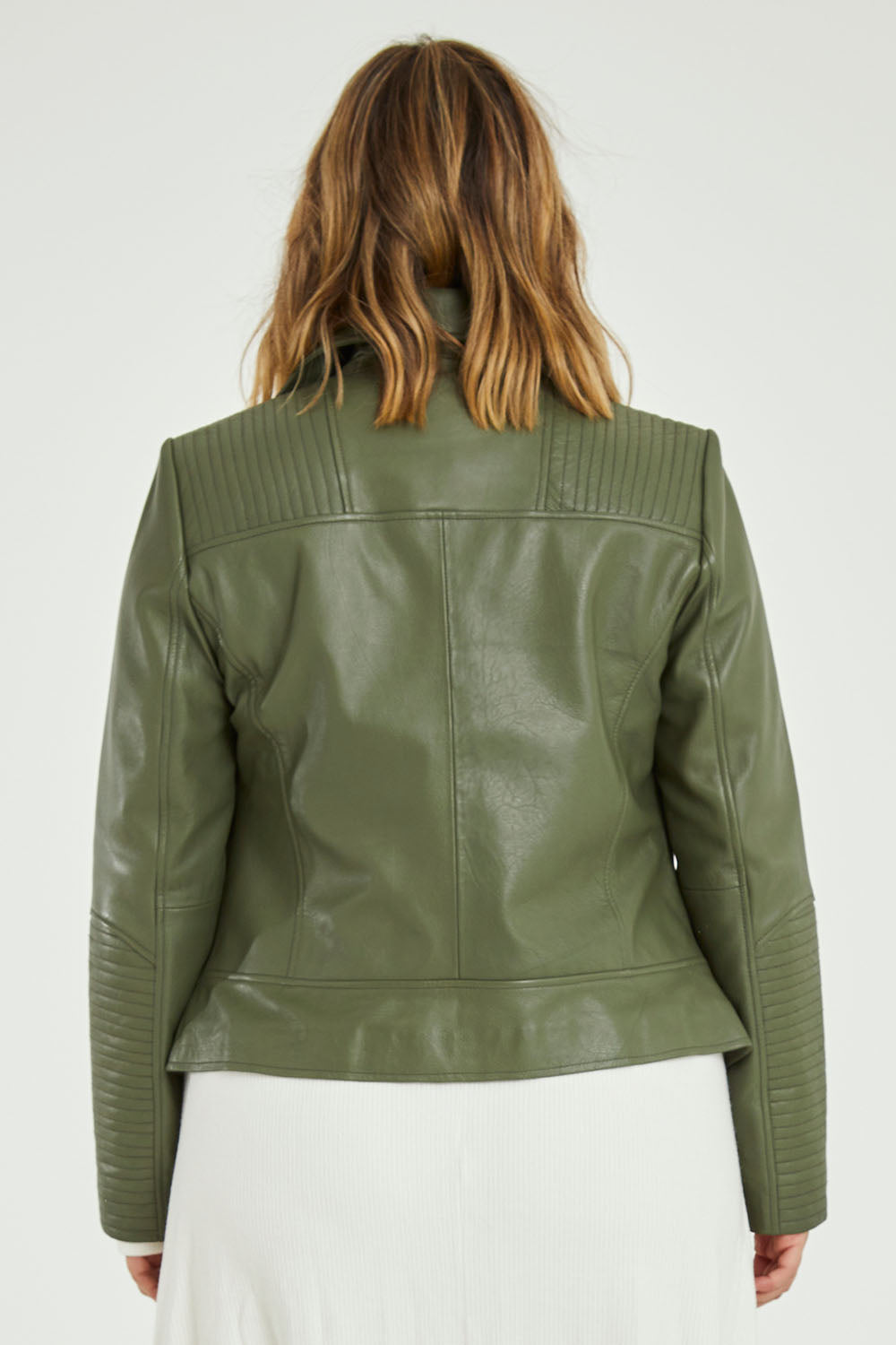 Model Jess wearing size 14 of the Urban Nomad Leather Jacket in colour Olive (Green), from the back