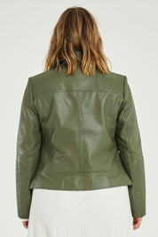 Model Jess wearing size 14 of the Urban Nomad Leather Jacket in colour Olive (Green), from the back