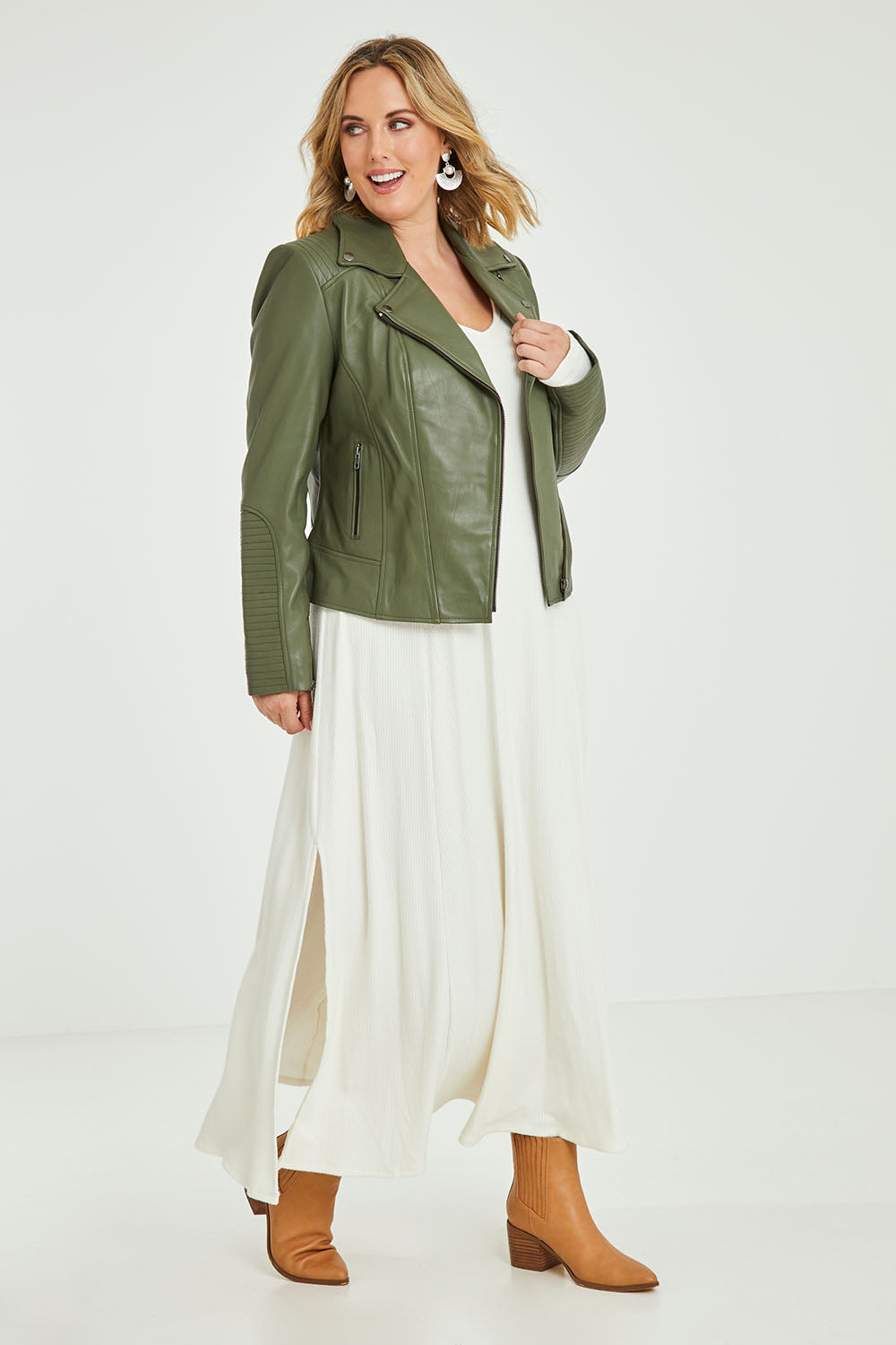 Model Jess wearing size 14 of the Urban Nomad Leather Jacket in colour Olive (Green), from the front, showing the whole outfit
