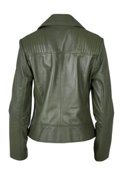 Product shot of the Urban Nomad Leather Jacket in colour Olive (Green), from the back