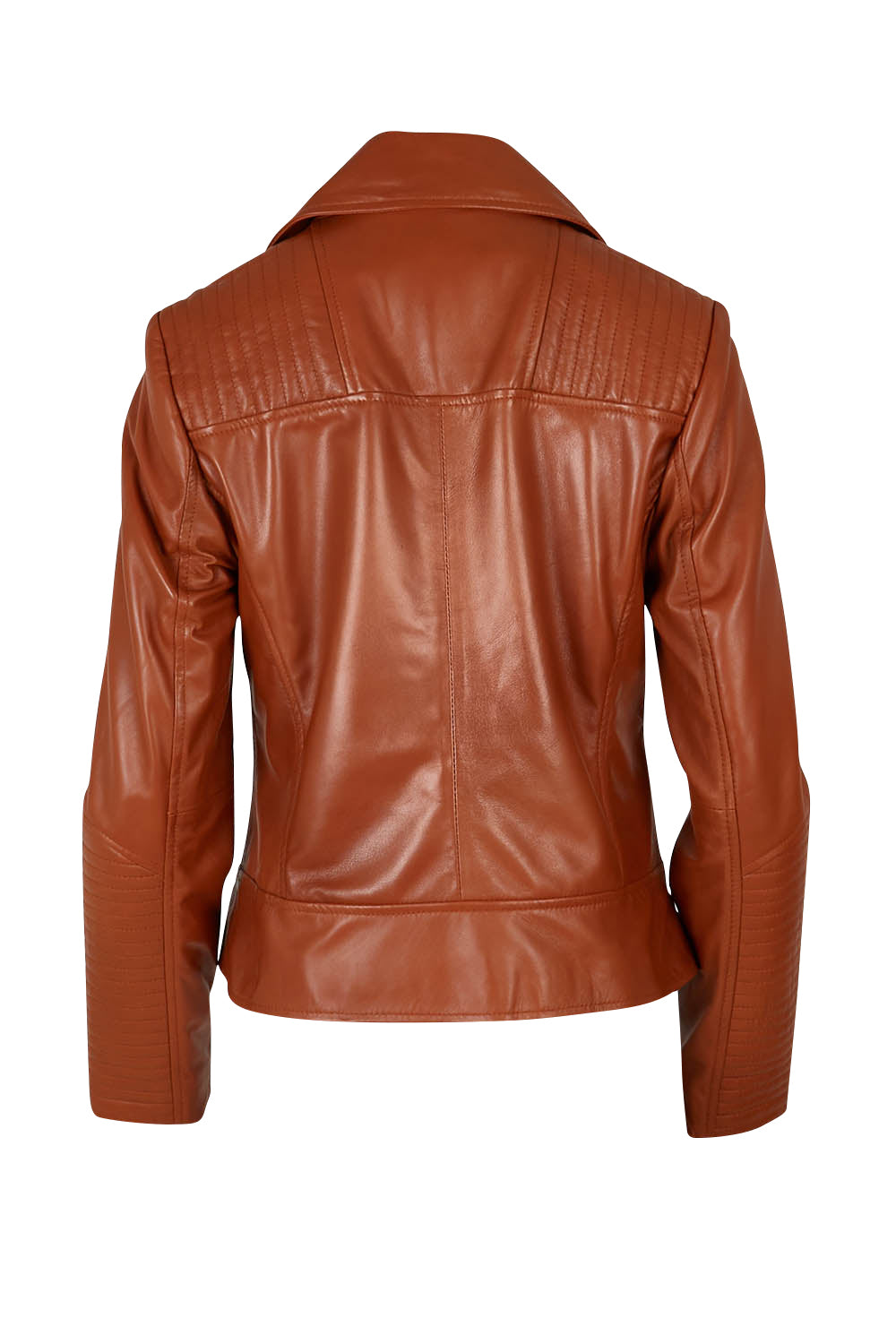 Product shot of the Urban Nomad Leather Jacket in colour Tan, from the back