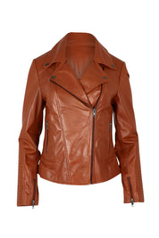 Product shot of the Urban Nomad Leather Jacket in colour Tan, from the front