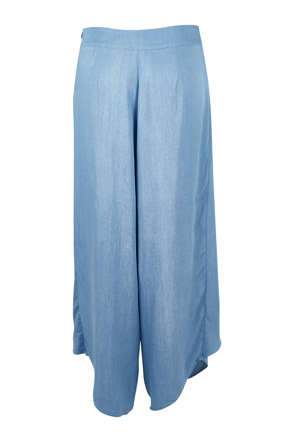 Product shot of the Wrapped In You Pants in colour Denim (Blue), from the back