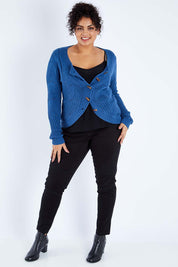 Model Sasha-Lee wearing size XL of the Fireside Button Cardigan in colour Bluejean (Blue), from the front, showing the whole outfit